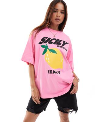 ASOS DESIGN - Oversize-T-Shirt in Rosa mit „Sicily"- und Zitronen-Grafikprint