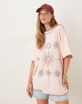 ASOS DESIGN - Oversize-T-Shirt in Rosa mit Sonnenstickerei