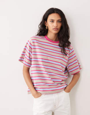 ASOS DESIGN - Oversize-T-Shirt in Rosa und Blau gestreift-Bunt