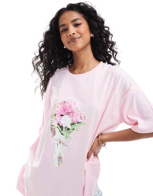 ASOS DESIGN Oversize T Shirt in Rosepink mit BlumenstrauB Print ASOS