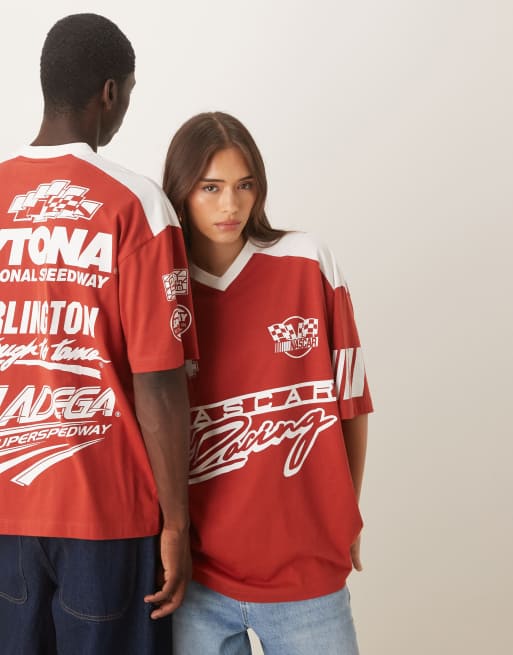 ASOS DESIGN – Oversize-T-Shirt in Rot im Unisex-Stil mit Nascar-Schaumprint