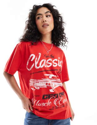 ASOS DESIGN - Oversize-T-Shirt in Rot mit „Classic Cars"-Grafikprint