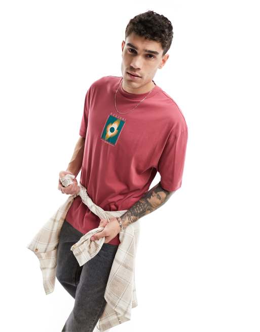 ASOS DESIGN – Oversize-T-Shirt in Rot mit Himmelskörper-Print auf der Brust