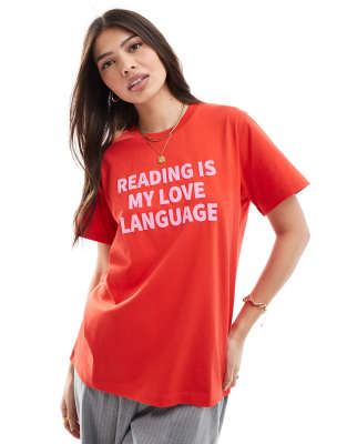 ASOS DESIGN - Oversize-T-Shirt in Rot mit „Reading"-Schriftzug