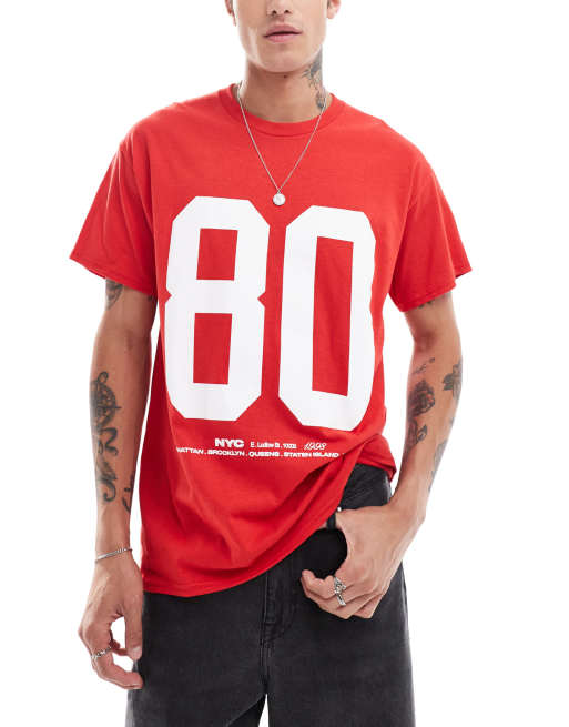 ASOS DESIGN – Oversize-T-Shirt in Rot mit sportivem Zahlenprint auf der Vorderseiten