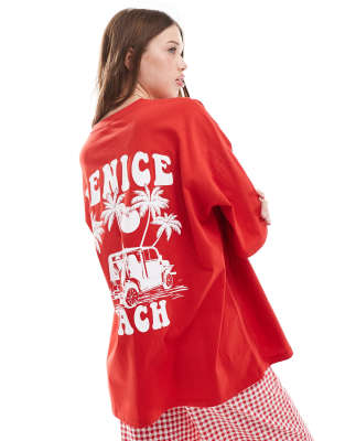 ASOS DESIGN - Oversize-T-Shirt in Rot mit „Venice Beach"-Grafikprint