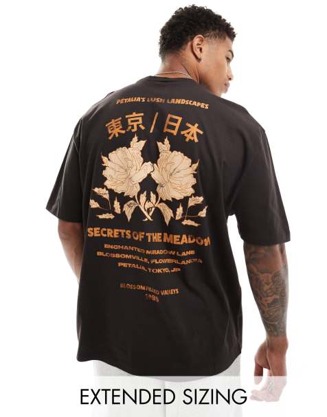 ASOS DESIGN – Oversize-T-Shirt in Schwarz mit Blumen-Grafikdruck auf dem Rücken - view 1