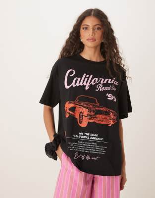 ASOS DESIGN - Oversize-T-Shirt in Schwarz mit „California"-Schriftzug und Auto-Grafikprint