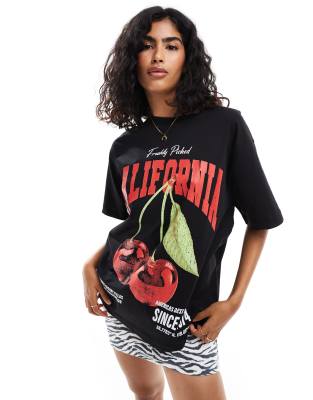 ASOS DESIGN - Oversize-T-Shirt in Schwarz mit „California"-Schriftzug und Kirsch-Grafikprint