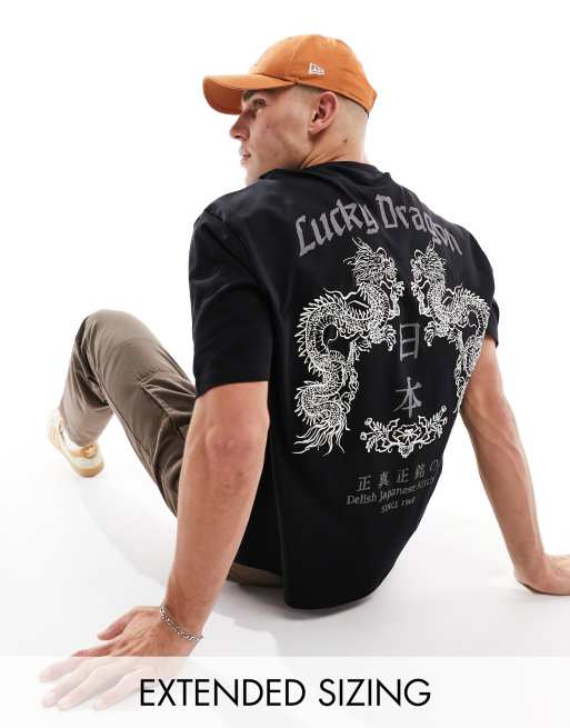 ASOS DESIGN – Oversize-T-Shirt in Schwarz mit Drachen-Print auf dem Rücken