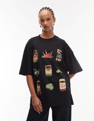 ASOS DESIGN - Oversize-T-Shirt in Schwarz mit Essiggurken-Print