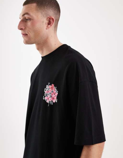 ASOS DESIGN – Oversize-T-Shirt in Schwarz mit floralem Rückenprint, 4 von 5