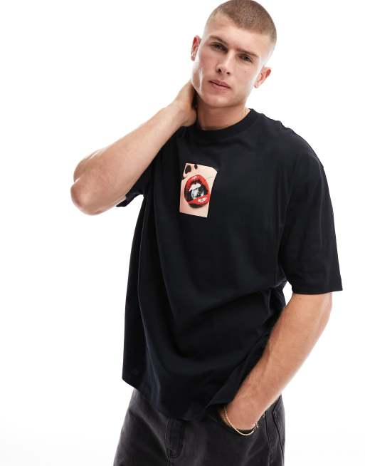 ASOS DESIGN – Oversize-T-Shirt in Schwarz mit fotografischem Lippen-Print auf der Brust