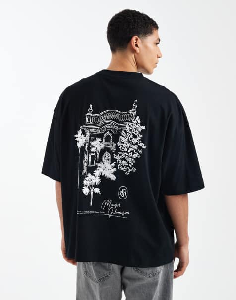 ASOS DESIGN – Oversize-T-Shirt in Schwarz mit Landschafts-Print - view 1