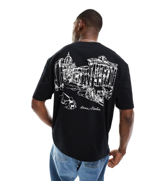 ASOS DESIGN – Oversize-T-Shirt in Schwarz mit Landschaftsprint auf dem Rücken - view 1