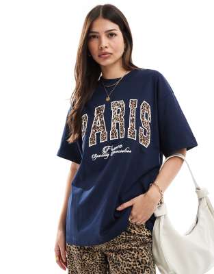 ASOS DESIGN - Oversize-T-Shirt in Schwarz mit „Paris"-Grafik mit Leopardenmuster