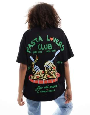 ASOS DESIGN - Oversize-T-Shirt in Schwarz mit „Pasta Lovers Club"-Grafik