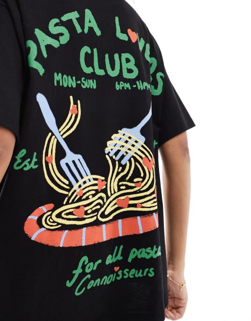 ASOS DESIGN – Oversize-T-Shirt in Schwarz mit „Pasta Lovers Club“-Grafik, 4 von 4