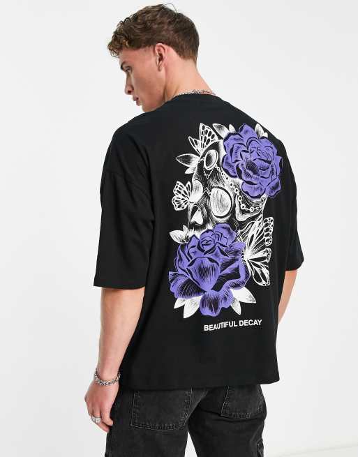 ASOS DESIGN – Oversize-T-Shirt in Schwarz mit Rosen-Print vorne und hinten