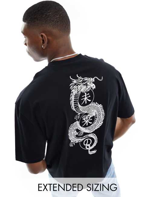 ASOS DESIGN – Oversize-T-Shirt in Schwarz mit Souvenir-Drachen-Print auf dem Rücken