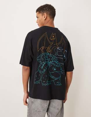 ASOS DESIGN - Oversize-T-Shirt in Schwarz mit Starter-Pokémon-Print