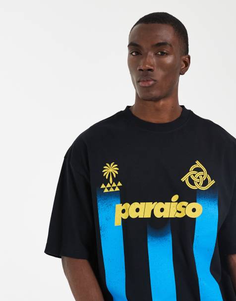 ASOS DESIGN – Oversize-T-Shirt in Schwarz mit Streifen und Fußball-Grafik - view 1