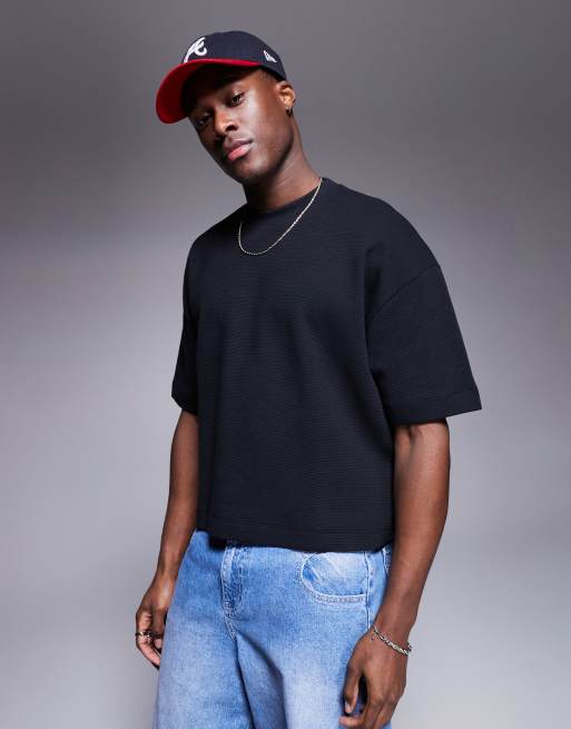 ASOS DESIGN – Oversize-T-Shirt in Schwarz mit Waffelstruktur und kurzem Schnitt