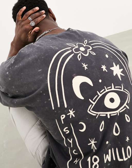 ASOS DESIGN – Oversize-T-Shirt in schwarzer Acid-Waschung mit abstraktem Kunst-Print hinten, 3 von 4