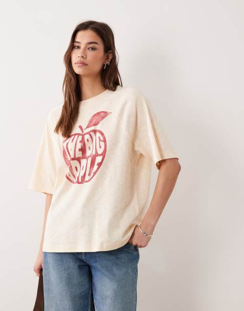 ASOS DESIGN oversize t-shirt in slub textured with big apple graphic in cream - view 1