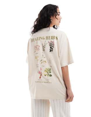 ASOS DESIGN - Oversize-T-Shirt in Stein mit Heilkräuter-Grafikprints auf dem Rücken-Neutral