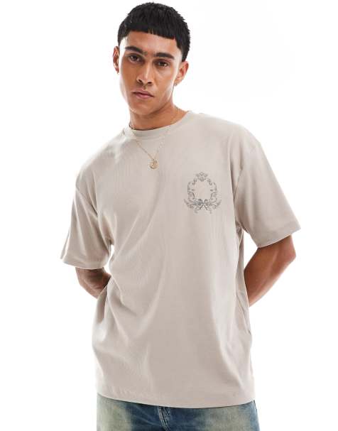 ASOS DESIGN – Oversize-T-Shirt in strukturiertem Beige mit Print auf der Brust - view 1