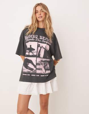 ASOS DESIGN - Oversize-T-Shirt in verwaschenem Anthrazit mit Bondi Beach Surf-Grafikprint-Grau