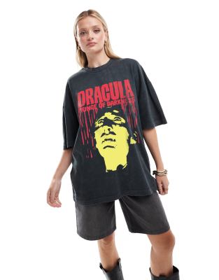 ASOS DESIGN - Oversize-T-Shirt in verwaschenem Anthrazit mit „Dracula"-Halloween-Print-Grau