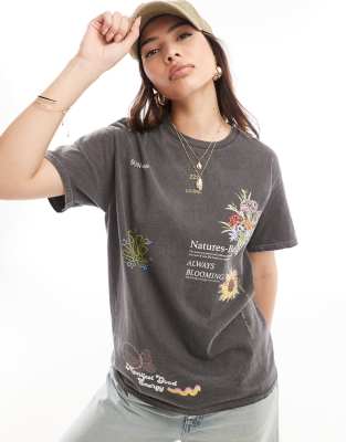 ASOS DESIGN - Oversize-T-Shirt in verwaschenem Anthrazit mit durchgängigem botanischem Grafikprint-Grau