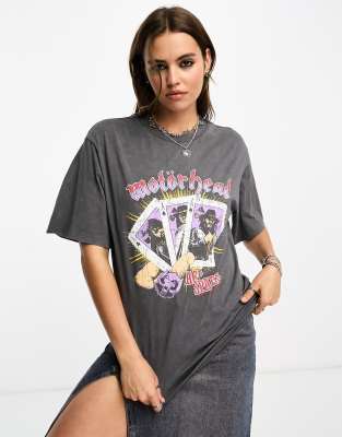 ASOS DESIGN - Oversize-T-Shirt in verwaschenem Anthrazit mit lizenzierter Motörhead-Grafik-Grau