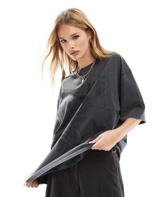 ASOS DESIGN – Oversize-T-Shirt in verwaschenem Anthrazit mit „Romance Rock“-Grafikprint