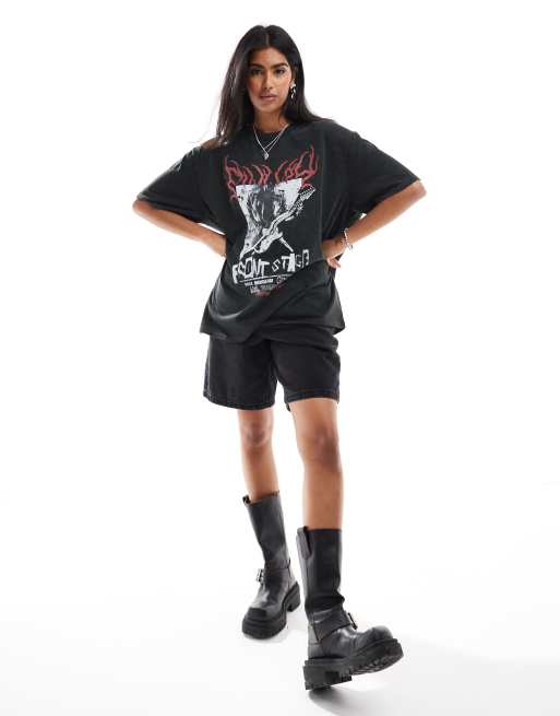 ASOS DESIGN – Oversize-T-Shirt in verwaschenem Anthrazit mit Skelett-Print im Rocker-Stil, 2 von 4