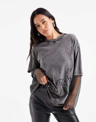 ASOS DESIGN - Oversize-T-Shirt in verwaschenem Anthrazit mit strassbesetzten Ärmeln und Schlangen-Grafikmotiv-Grau