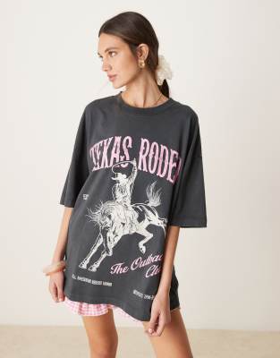 ASOS DESIGN - Oversize-T-Shirt in verwaschenem Anthrazit mit „Texas Rodeo"-Print-Grau