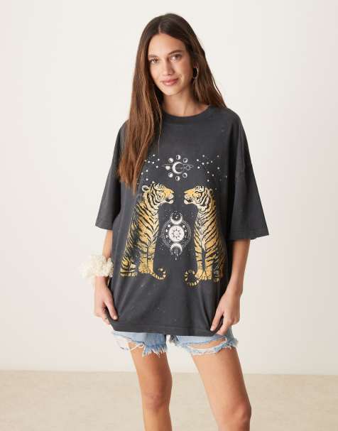 ASOS DESIGN – Oversize-T-Shirt in verwaschenem Anthrazit mit Tiger-Grafikprint - view 1