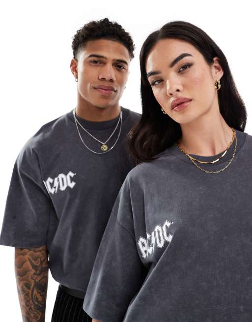 ASOS DESIGN – Oversize-T-Shirt in verwaschenem Anthrazit mit Unisex-Schnitt und lizenzierten AC/DC-Prints, 3 von 4