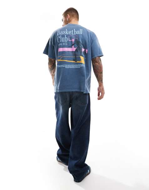 ASOS DESIGN – Oversize-T-Shirt in verwaschenem Blau mit Basketball-Print am Rücken - view 1