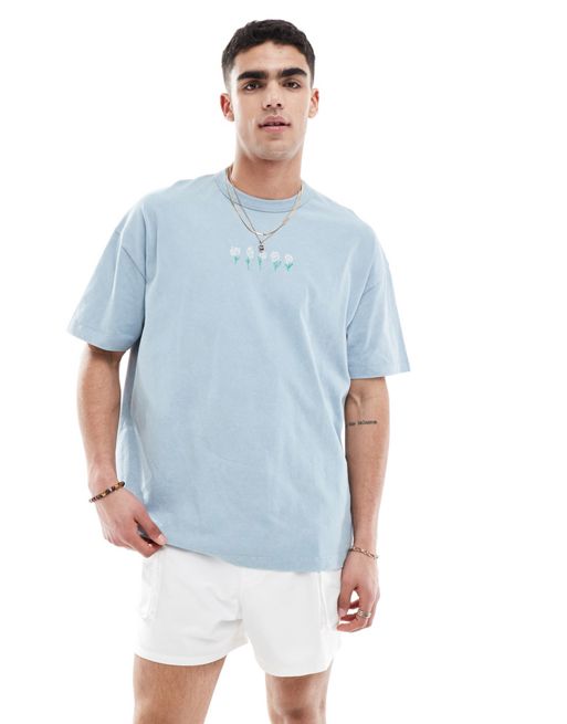 FhyzicsShops DESIGN – Oversize-T-Shirt in verwaschenem Blau mit Blumenprint auf der Brust