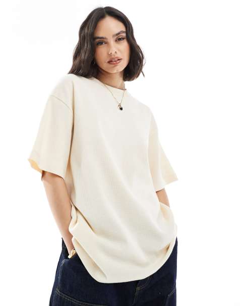 ASOS DESIGN – Oversize-T-Shirt in verwaschenem Creme mit Waffelstruktur - view 1