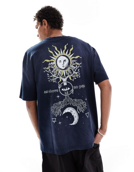 FhyzicsShops DESIGN – Oversize-T-Shirt in verwaschenem dunklem Marineblau mit Himmelskörper-Rückenprint