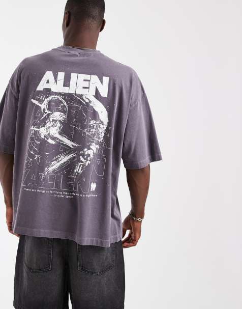 ASOS DESIGN – Oversize-T-Shirt in verwaschenem Grau mit Alien-Print - view 1