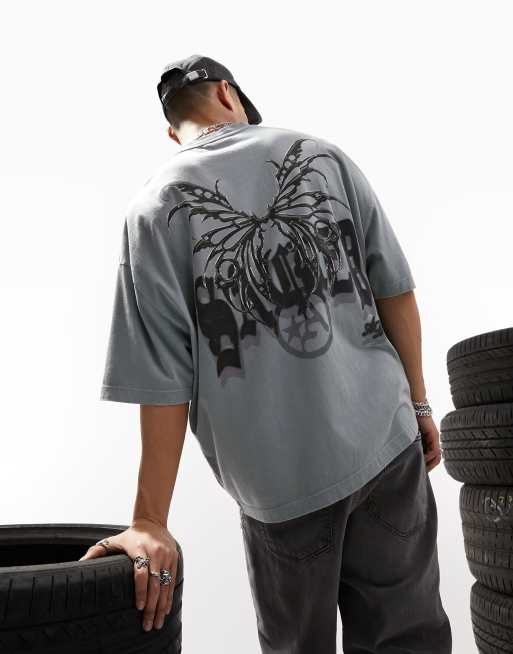 ASOS DESIGN – Oversize-T-Shirt in verwaschenem Grau mit Schmetterlings-Rückenprint