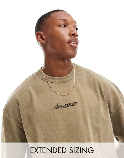 ASOS DESIGN – Oversize-T-Shirt in verwaschenem Khaki mit Textprint auf der Brust, 220 g/m² schwer