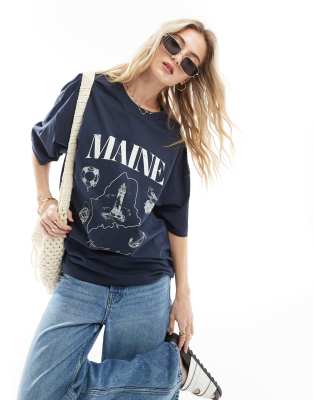 ASOS DESIGN - Oversize-T-Shirt in verwaschenem Navy mit „Maine"-Grafik-Marineblau