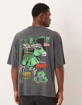 Oversize-T-Shirt in verwaschenem Schwarz mit „Dr. Doom"-Print hinten Schwarz M